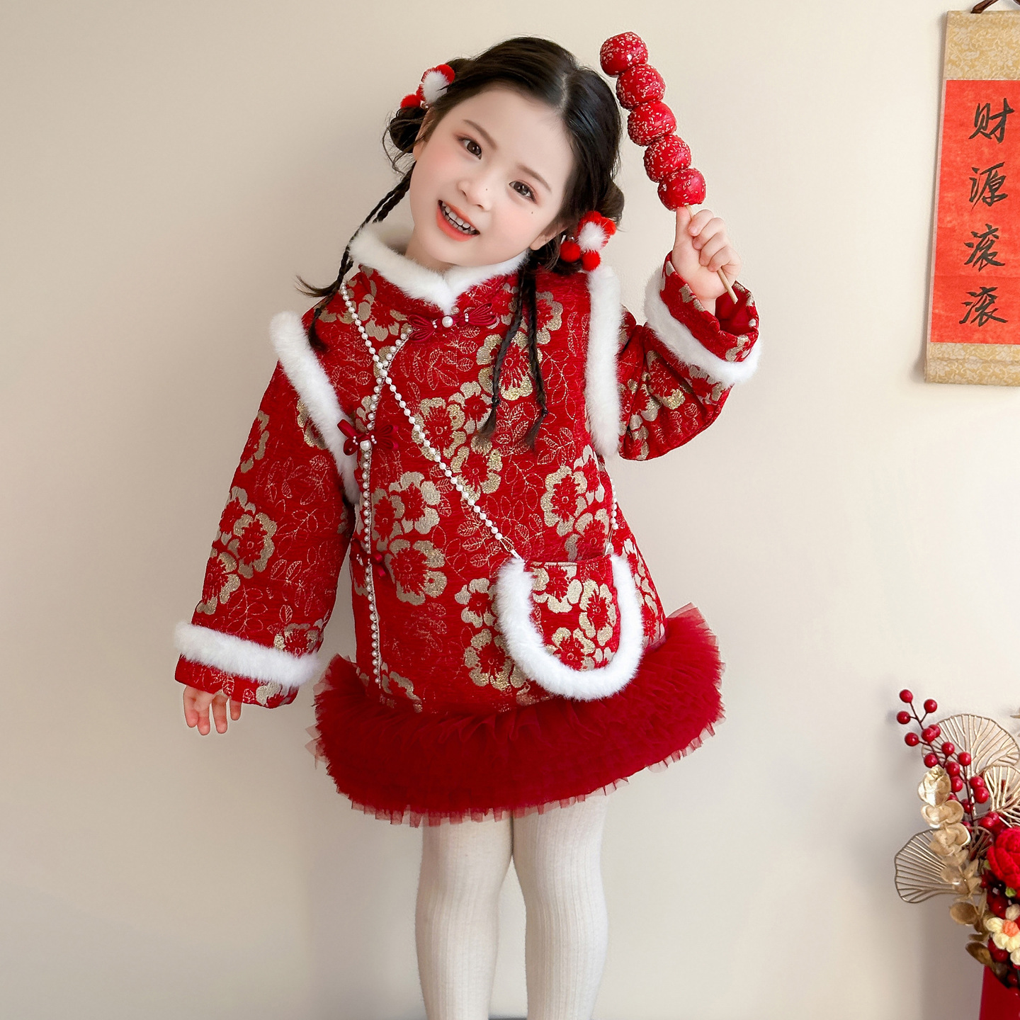 女童加绒加厚旗袍裙2025冬季新款儿童拜年服喜庆红色宝新年格格服