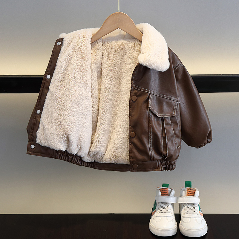 男童皮衣2025新款酷帅男宝宝冬装加绒棉袄衣服儿童秋冬季加厚外套