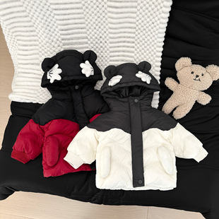 韩系男女宝宝冬季羽绒服新款可爱婴儿洋气拼色连帽白鸭绒保暖外套