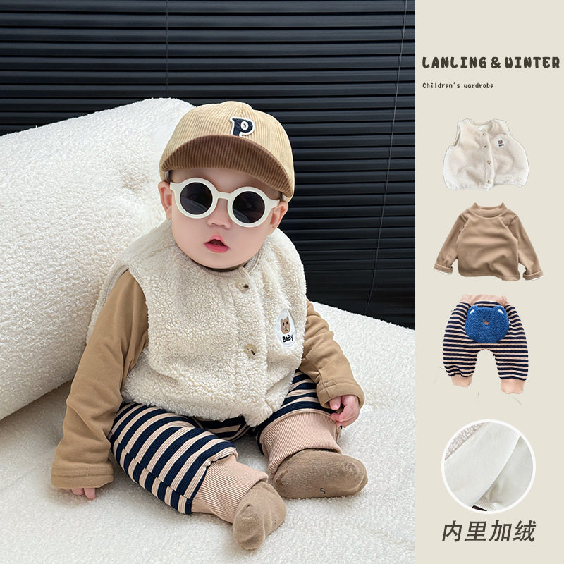 韩版男童冬装毛绒马甲洋气女宝宝加绒加厚坎肩背心婴幼儿保暖马夹