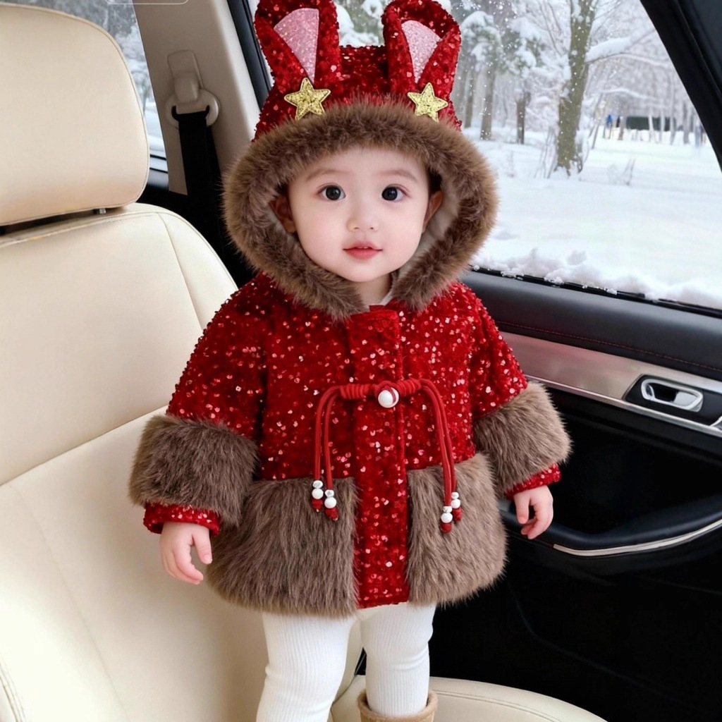 女宝加绒呢大衣冬装洋气女孩红色新年外套拜年服国风加厚皮草棉衣