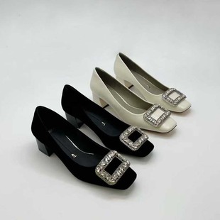 一代佳人2026春季新款时尚水钻粗跟方头高跟鞋浅口通勤舒适单鞋女