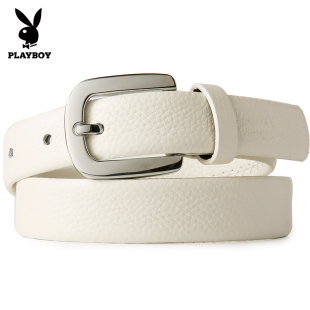 花花公子头层纯牛皮皮带女士针扣真皮腰带女款高级感牛仔裤带白色