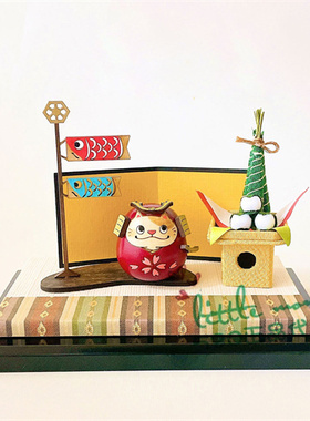 日本代购 红色武士猫咪 樱花 手工制作 传统和风 木偶 摆件装饰