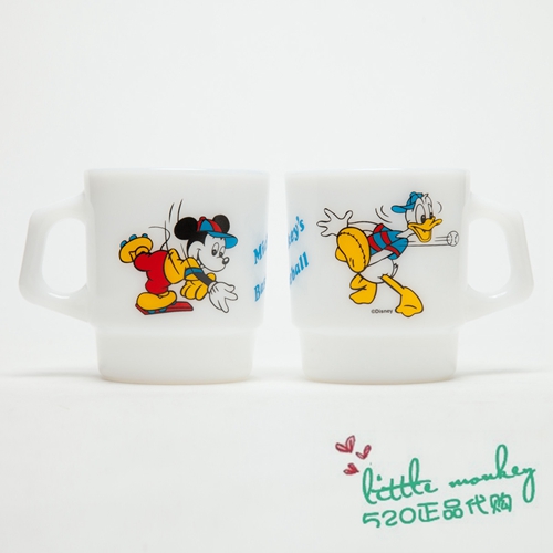 日本代购 米奇 唐老鸭 打棒球 可爱 白色玻璃杯 马克杯 水杯