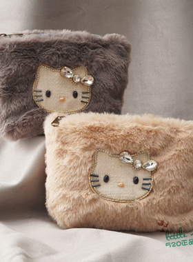 日本代购 HelloKitty凯蒂猫 可爱贴钻毛绒化妆包洗漱包小物收纳包