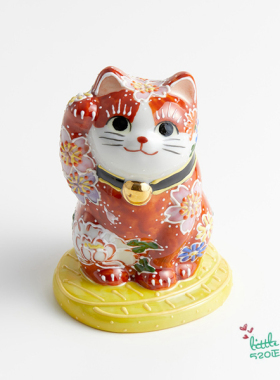 日本代购 招财猫 九谷烧 樱花 右手 红色 陶瓷开运招财日式摆件