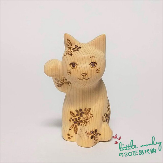日本代购 招财猫 右手 职人手工手绘 可爱 木制开运招福日式摆件
