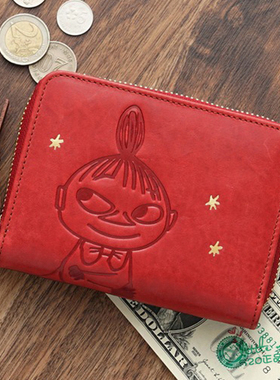 日本代购 Moomin精灵姆明 亚美 时尚红色 真皮二折叠短款钱包