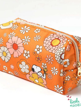 日本代购 snoopy史努比 花朵 时尚橙色化妆包洗漱包小物收纳包