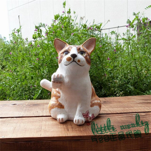 日本代购 举手的小猫 匠人手工制作 和风 治愈 陶制和纸 摆件装饰