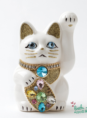 日本代购 招财猫 白色 职人手工 贴钻 陶制开运招福日式摆件