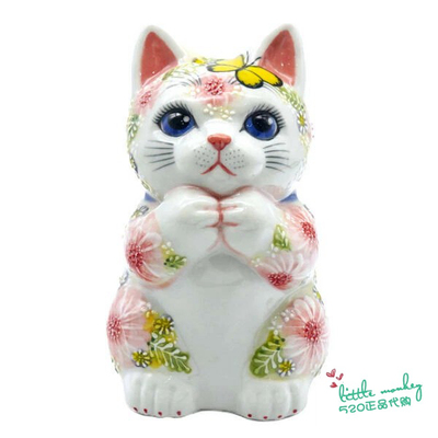 日本代购 祈福猫猫 双手合十 蓝眼 花蝶  手工手绘陶瓷开运摆件
