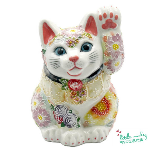 日本代购 招财猫猫 左手 蓝眼 繁花 匠人手工手绘 陶瓷开运摆件