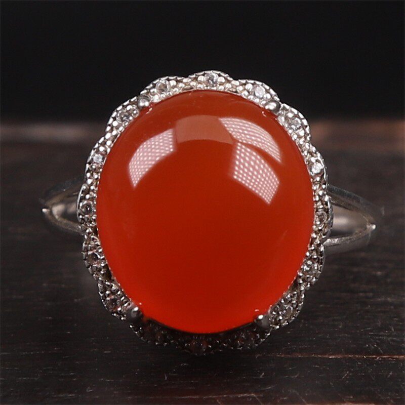 保山南红玛瑙 无裂原矿冰红蛋面 女925银镶嵌活口戒指戒面 4.75克