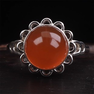 天然保山料南红 无裂原矿冰红圆形戒面 925银镶嵌女款戒指 4.15克