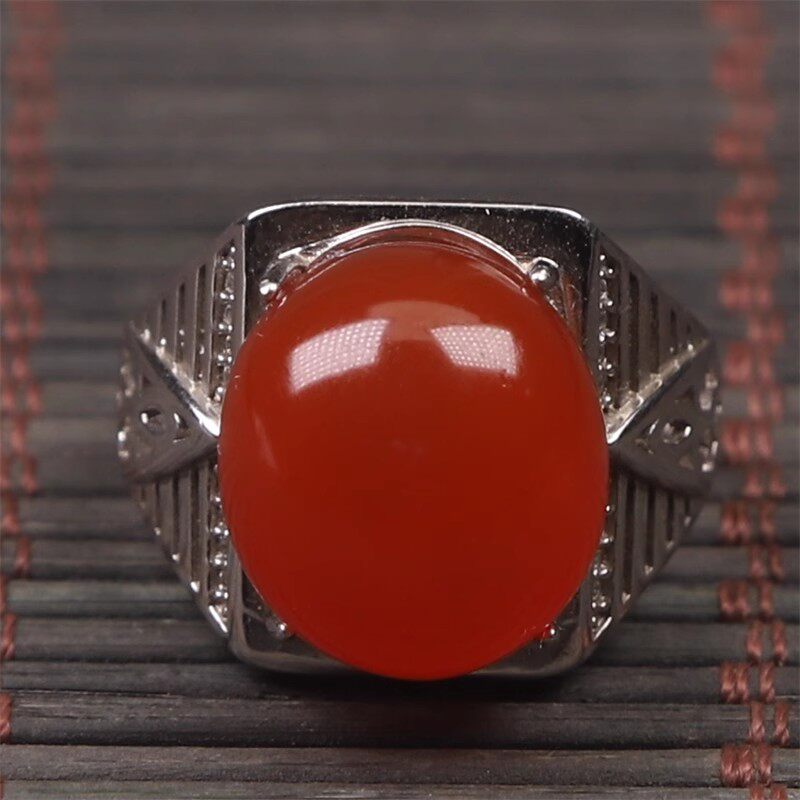 天然保山南红玛瑙 无裂原矿冰红蛋面 男款925银镶嵌戒指戒面8.1克