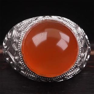 保山南红玛瑙无裂原矿冰红圆形蛋面 925银镶嵌男款戒指戒面8.43克