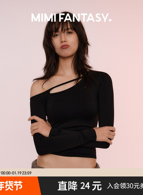 MIMI FANTASY镂空绑带斜肩打底衫女2025秋冬高弹收腹显瘦性感上衣