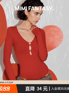 mimi fantasy低胸深V领上衣带胸垫红色辣妹性感连体轻塑身显瘦T恤