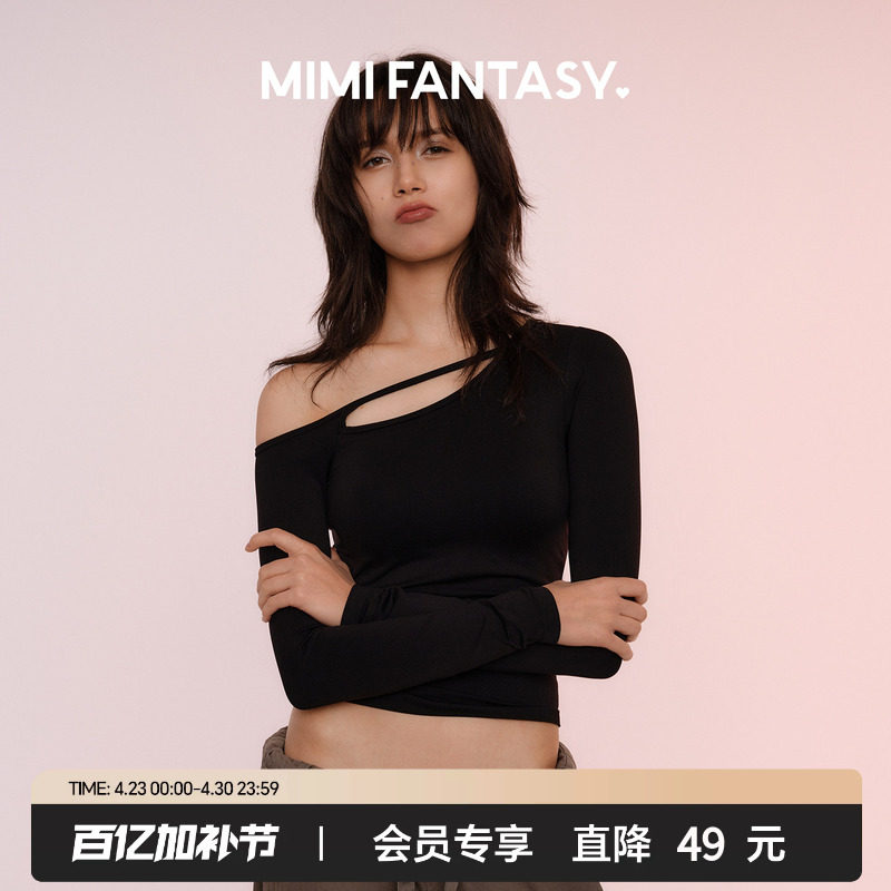 MIMI FANTASY镂空绑带斜肩打底衫女2025秋冬高弹收腹显瘦性感上衣