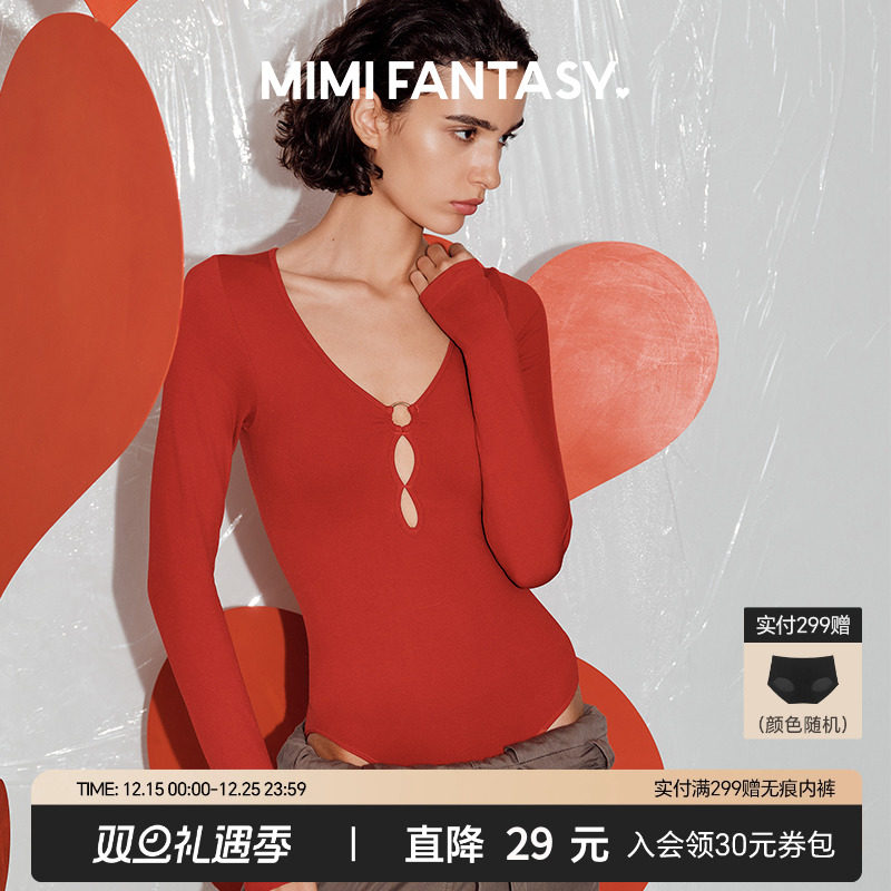 mimi fantasy低胸深V领上衣带胸垫红色辣妹性感连体轻塑身显瘦T恤