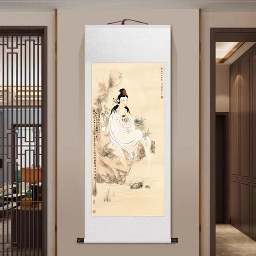 张大千观音照像字画装饰画玄关挂画高清微喷宣纸卷轴复制画