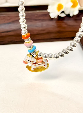 足银999银色diy可爱款小马挂坠光珠手链