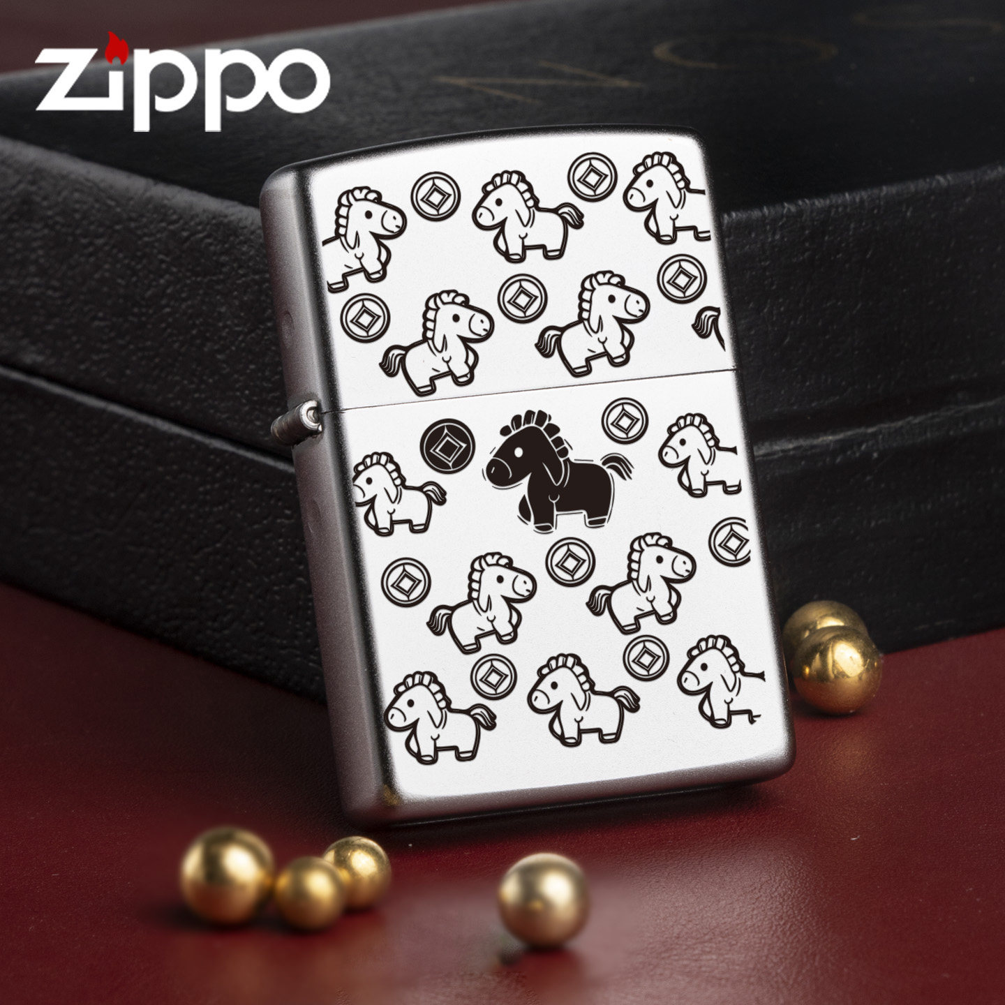 Zippo正品银色镀铬马年生肖卡通精雕一匹黑马防风打火机收藏送礼