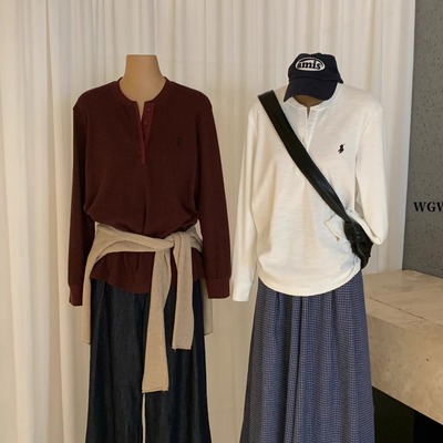 WGWE亨利领套头衫中长款长袖T恤