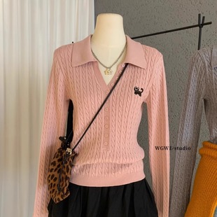 WGWE广州十三行女装刺绣POLO领休闲V领麻烦长袖针织衫毛衣上衣