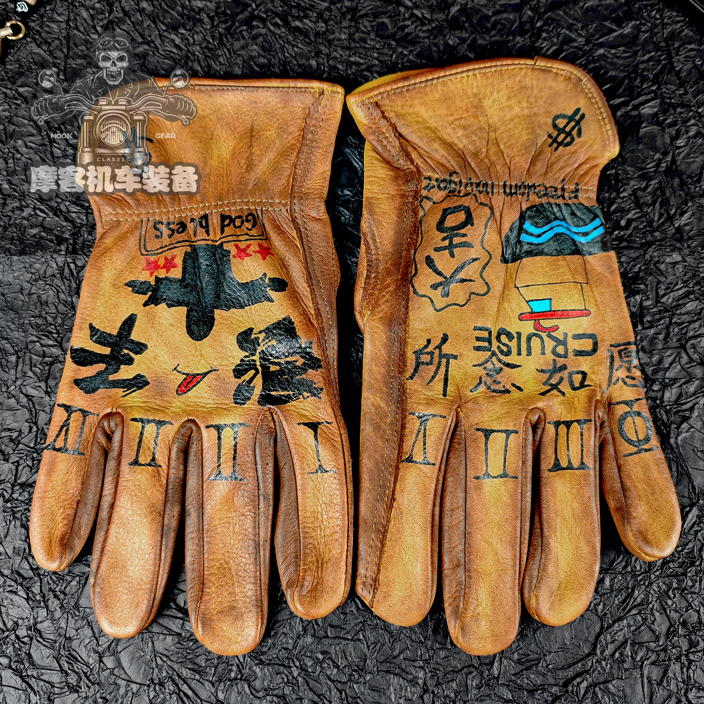 手绘牛皮手套去浪春秋男女复古做旧真皮骑行摩托车机车骑士手套