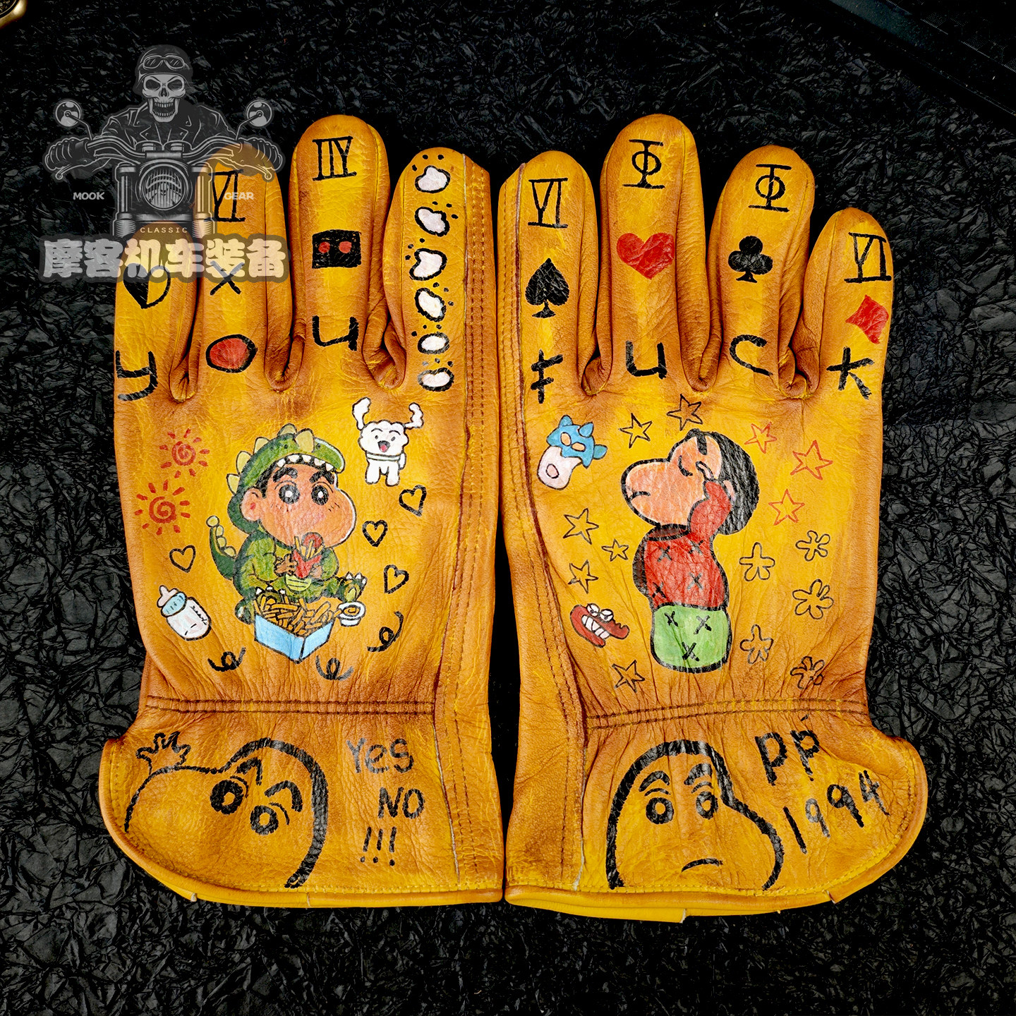 摩托车牛皮手套蜡笔小新卡通男女复古做旧巡航机车手绘骑手女骑