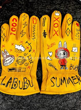 纯牛皮手套手绘BUBU男女复古做旧骑士骑行摩托车手套骑士户外马术