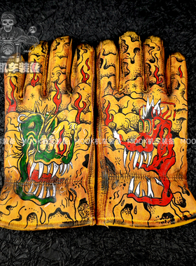 重油污做旧双龙出海手绘复古机车骑士手套头层牛皮骑手电动摩托车