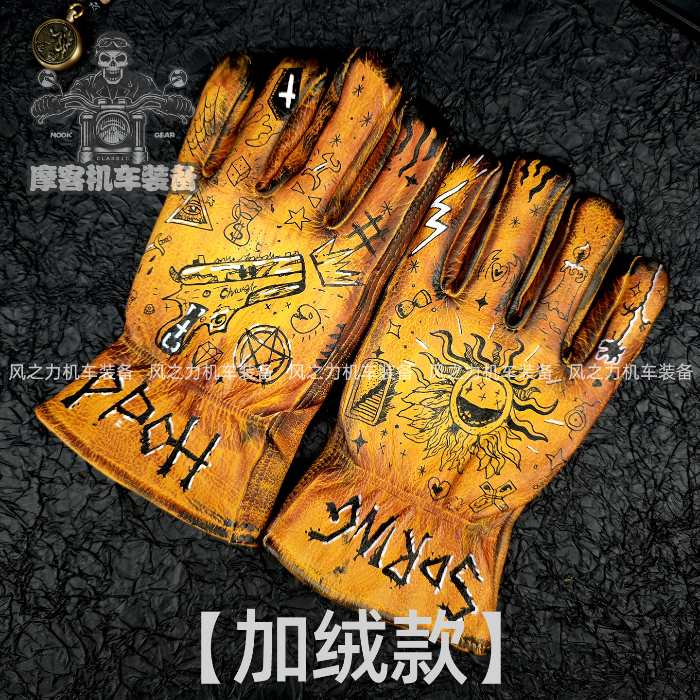 复古机车骑士手套众生平等重油污做旧手绘头层牛皮加绒保暖摩托车