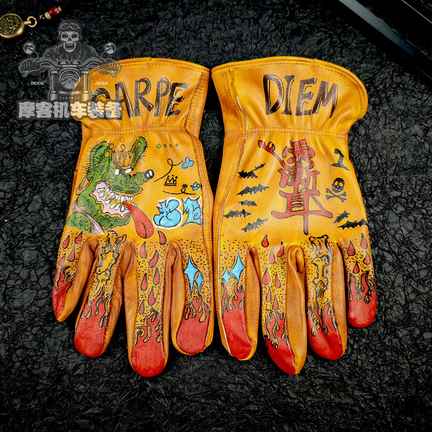 芬克鼠卡通男女复古做旧摩托车巡航牛皮手绘机车手套春夏四季骑手
