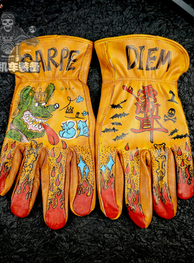 芬克鼠卡通男女复古做旧摩托车巡航牛皮手绘机车手套春夏四季骑手