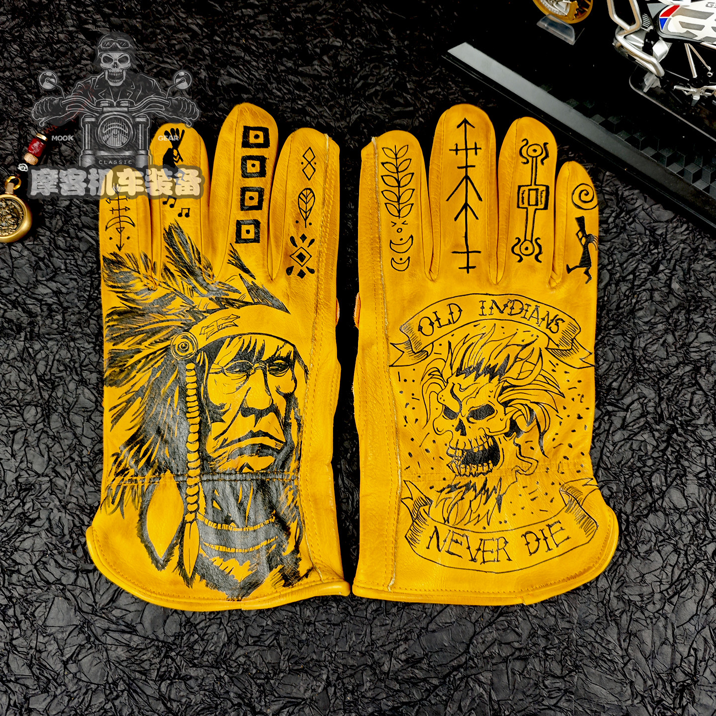 复古做旧头层牛皮手套印第安机车骑士摩托车手套户外露营哈雷巡航
