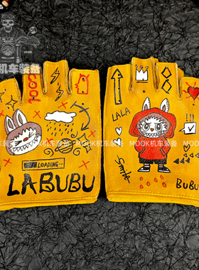 手绘牛皮手套BUBU半指男女复古做旧夏季透气骑行摩托车骑士户外