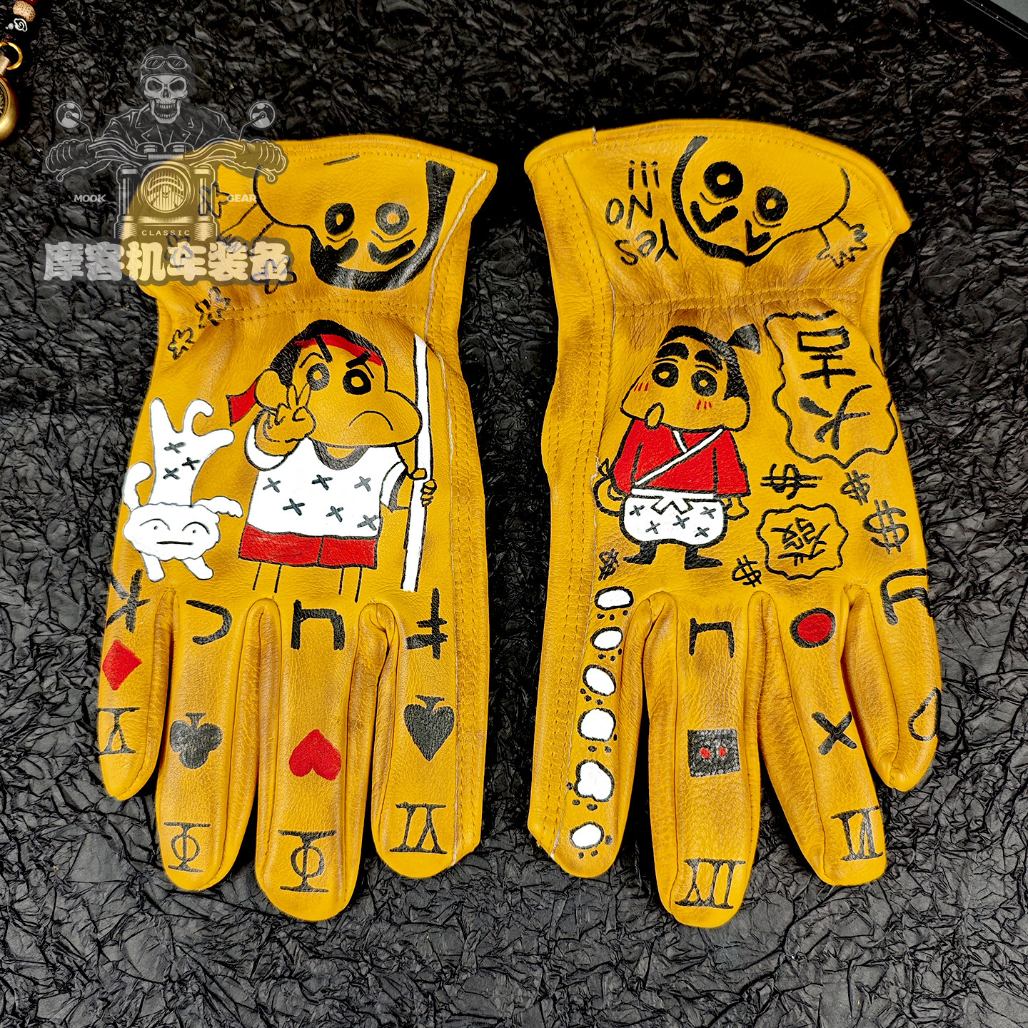 复古做旧纯牛皮手绘机车手套蜡笔小新卡通男女摩托车巡航哈雷骑士