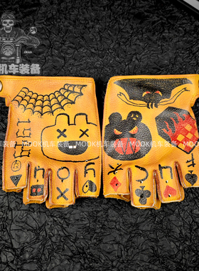 开车手套骑手骑士外卖员快递代驾电动车头层牛皮复古做旧半指手套