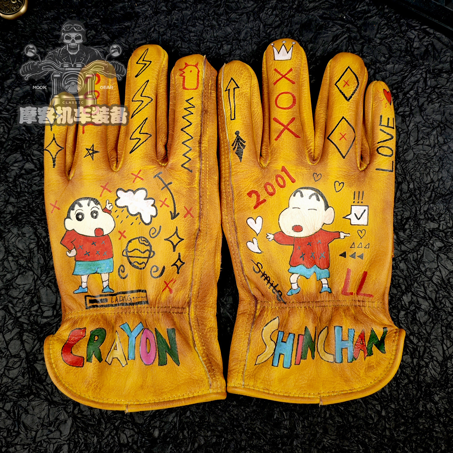 摩托车牛皮手套蜡笔小新卡通男女复古做旧巡航机车手绘骑士女骑