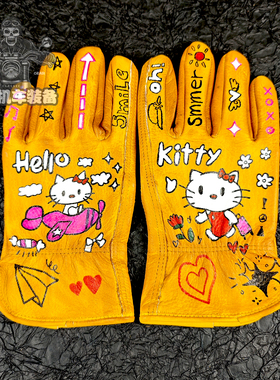 头层牛皮手套HelloKitty可爱卡通女生复古做旧骑行摩托车机车骑士