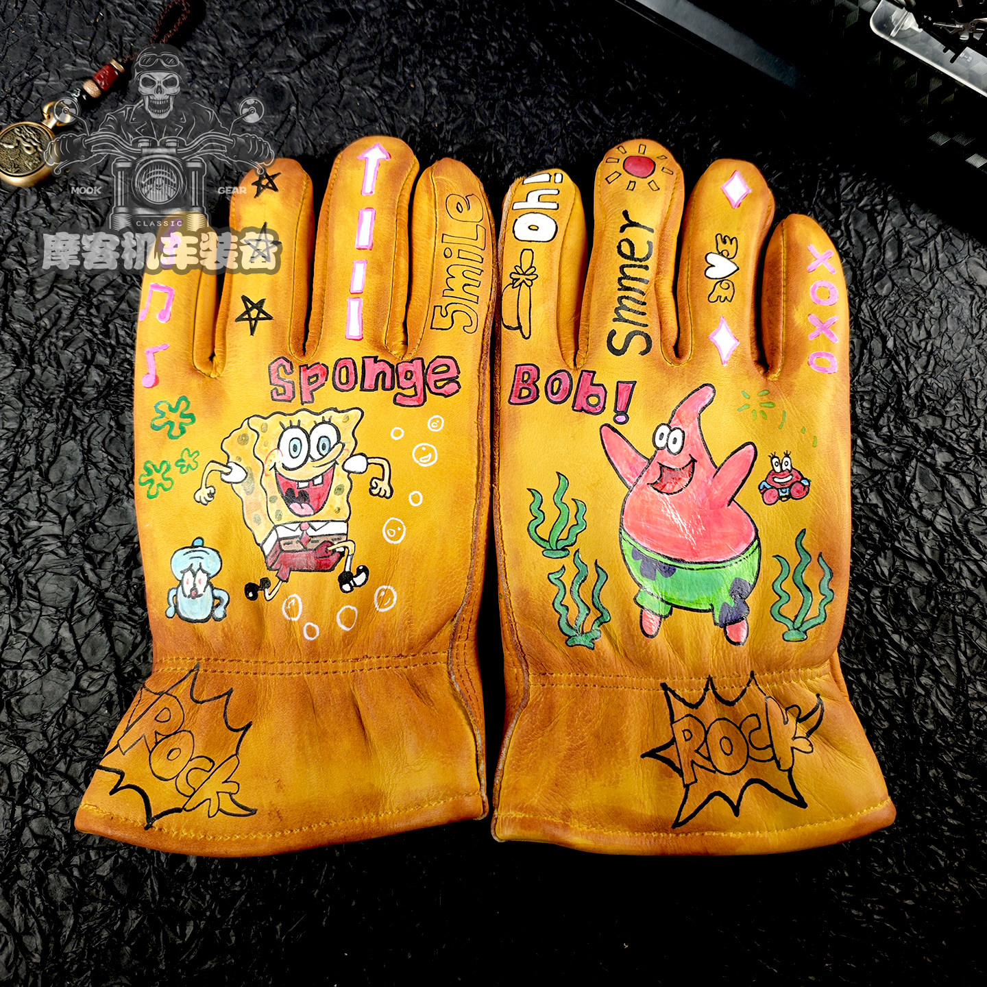 骑士摩托车手套海绵宝宝派大星卡通男女复古做旧牛皮手绘骑手外卖