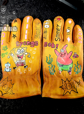 骑士摩托车手套海绵宝宝派大星卡通男女复古做旧牛皮手绘骑手外卖