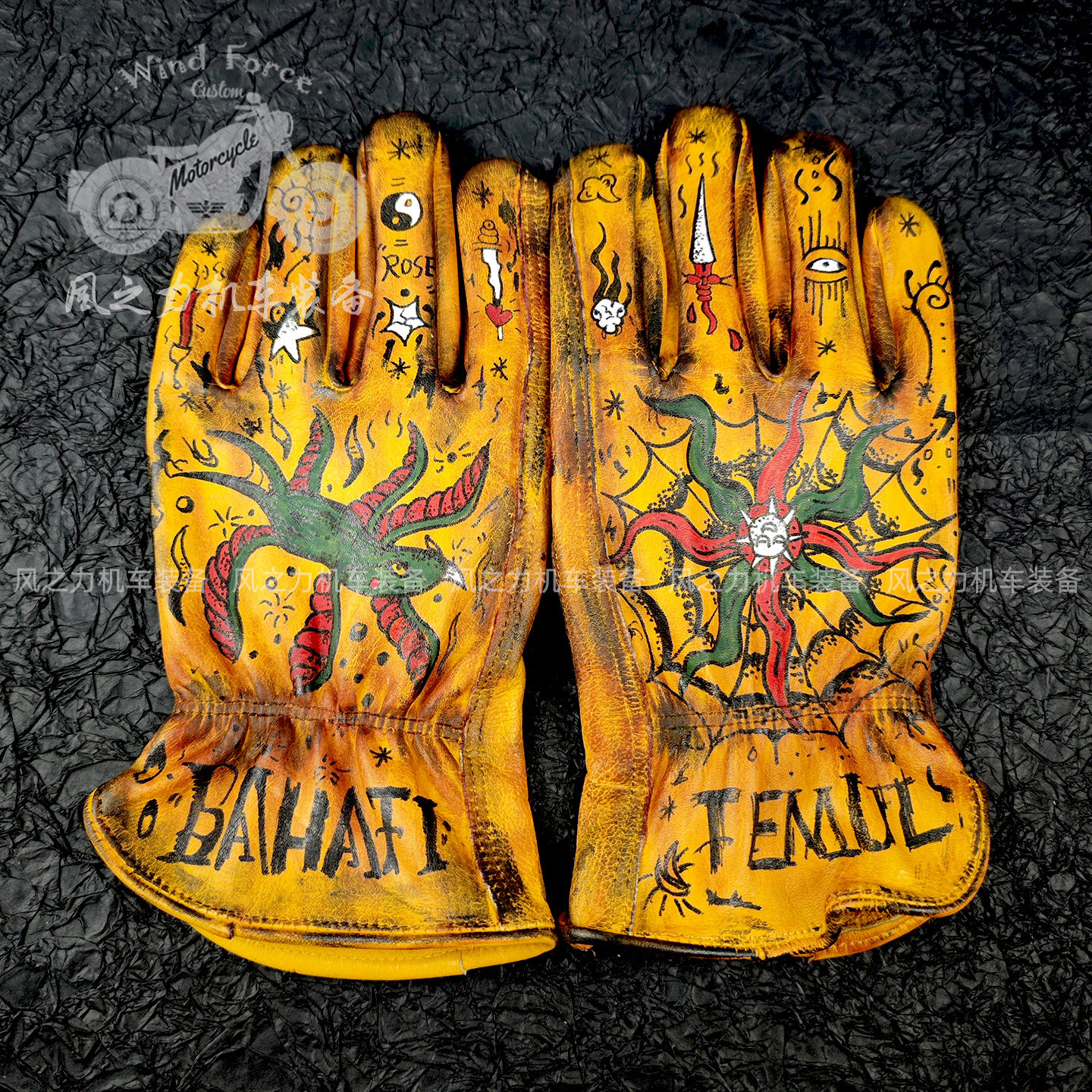 复古机车骑士摩托车手套大鱼海棠重油污做旧手绘头层牛皮骑行巡航