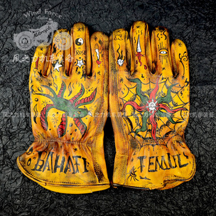 复古机车骑士摩托车手套大鱼海棠重油污做旧手绘头层牛皮骑行巡航