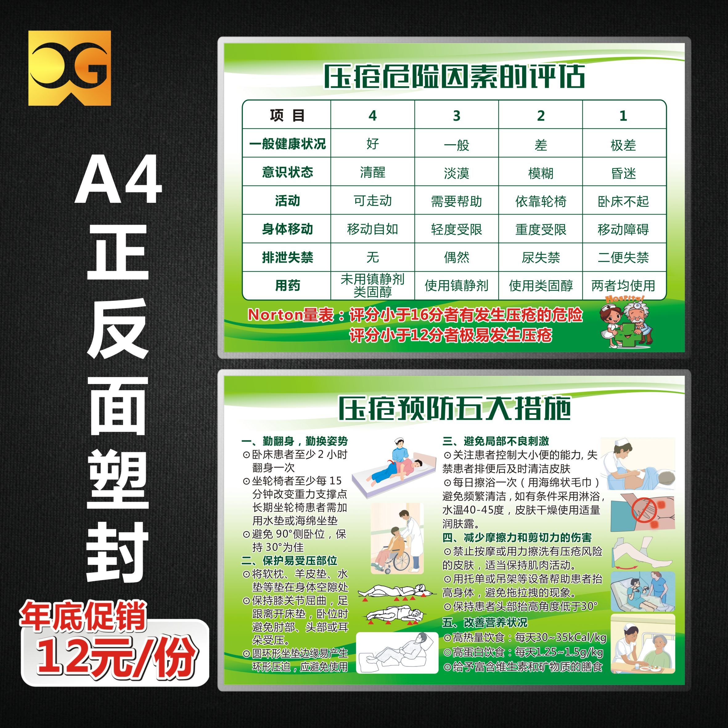 现货pvc疼痛评分尺医用护理标识海报墙贴塑封压疮预防措施可定制