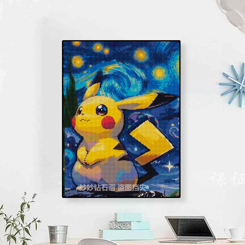 宝可梦皮卡丘贴钻石画儿童房装饰画男孩DIY手工贴钻画点钻十字绣